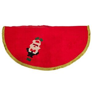 1970s Red Santa Tree Skirt 34" gold fringe handmade retro Christmas decor vtg